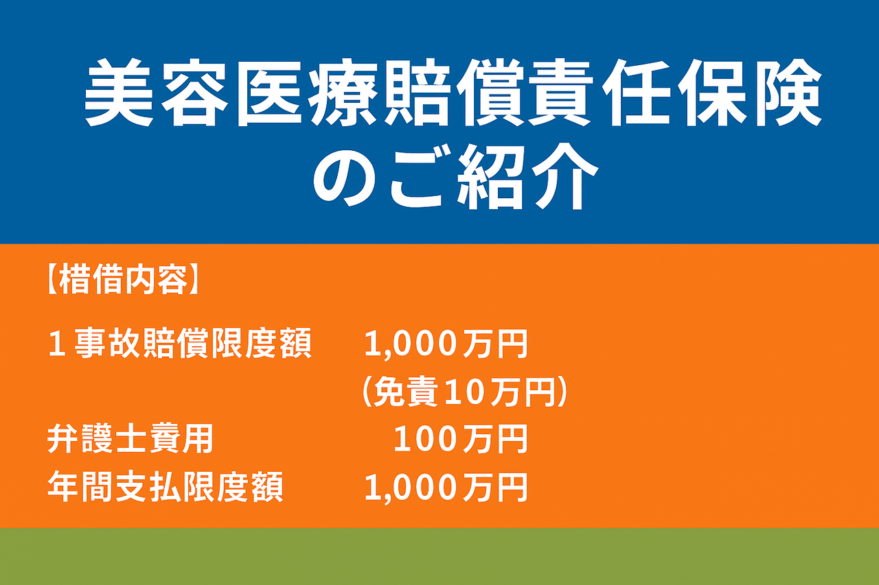 美容医療賠償責任保険の補償内容表。賠償責任保険と弁護士費用保険の限度額と免責金額を表示
